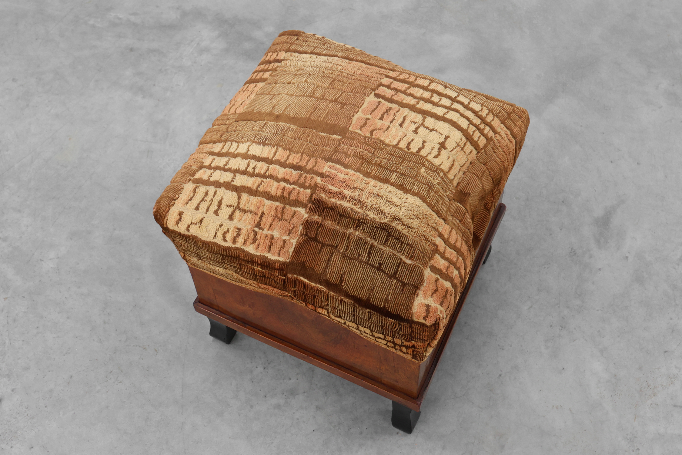 Pair Art Deco walnut stools with original velvet upholstery, Italy 1920sthumbnail